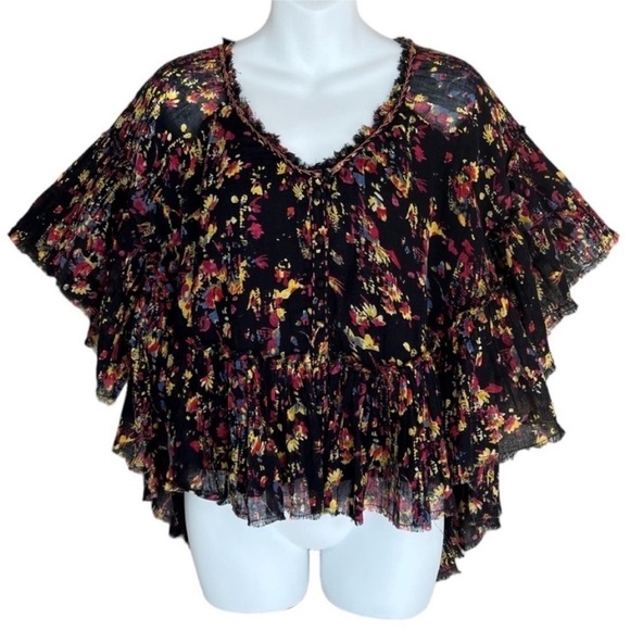 Free People Floral Print Raw Hem Butterfly Sleeve Top - Picture 2 of 9